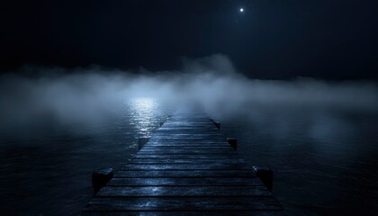 Wooden Dock Extending into Foggy Lake Under a Starry Night Sky