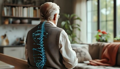 Wall Mural - Highlighted spine of senior man experiencing back pain in home setting, showcasing the impact of discomfort on daily life through digital art