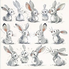 Character design sheet of many poses for a simplified child-like drawing rabbit in style of mininalistic watercolor.