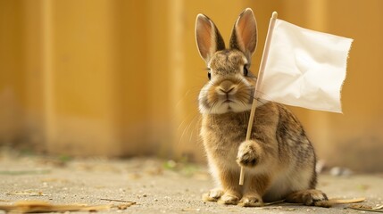 Wall Mural - Rabbit with White Flag: A cute rabbit sitting upright, holding a white flag between its paws. 
