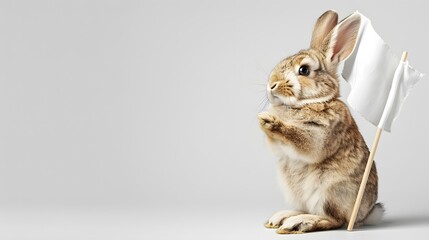 Wall Mural - Rabbit with White Flag: A cute rabbit sitting upright, holding a white flag between its paws. 
