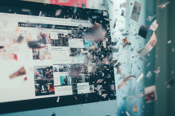 digital explosion of news articles and data from a computer screen, symbolizing information overload