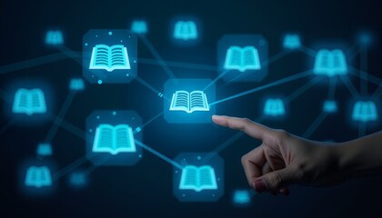 digital connection illustration with books and interactive technology.