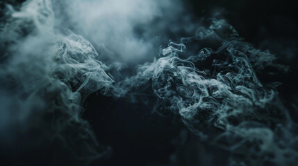 Large clouds of gray smoke into a room on a dark background. Smoke and fog on a black background.