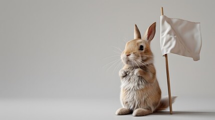 Wall Mural - Rabbit with White Flag: A cute rabbit sitting upright, holding a white flag between its paws. 
