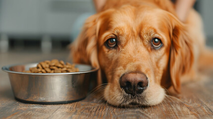 Canvas Print - Woman Putting Food Bowl With Feed For Her Dog