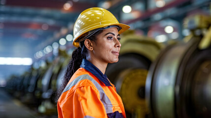 Wall Mural - Portrait Arab Female Factory Worker Wearing A Safety Helmet And Industrial Uniform In A Factory, Woman Worker