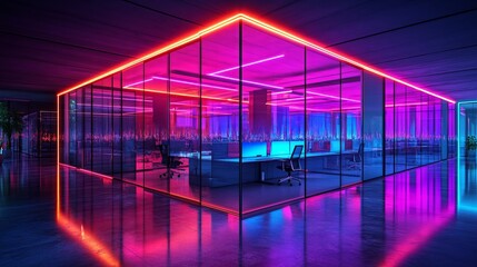 Canvas Print - A cutting-edge design of an office space enclosed in glass with vibrant neon lights reflecting on glossy floors