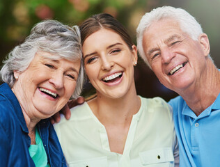 Poster - Nature, senior parents and woman in portrait for laughing, connection and bonding together as family. Mother, father and adult daughter with hug embrace for love, funny memory and outdoor with smile