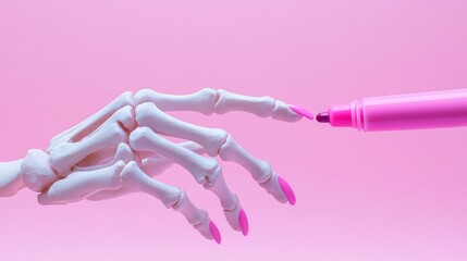 close-up of a white skeleton hand with pink nails holding a marker, set against a solid pastel background with a minimal concept, studio lighting, and an art director style