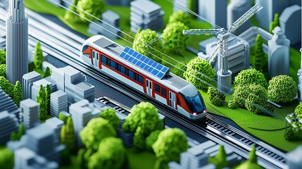 Isometric view of futuristic urban transport system electric trams solar energy green public spaces sustainable city planning efficient mobility