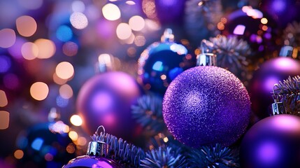 Poster - Christmas tree ornaments arranged by gradient from royal purple to midnight blue, shimmering under the lights. 4K hyperrealistic photo.