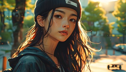 Stylish skater girl chilling outdoors in a vibrant rap pose, illustrated in dynamic Japanese anime art style