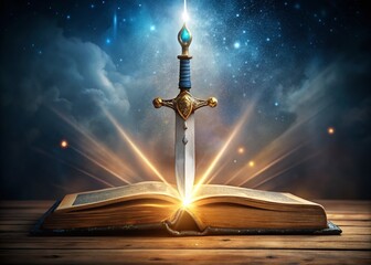 A majestic, radiant sword with intricate designs and a glowing aura, placed on a worn ancient book, symbolizing