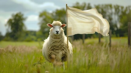 Sheep with White Flag: A fluffy sheep standing in a meadow, holding a white flag with its mouth. 
