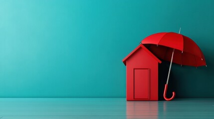 Canvas Print - A red house with an umbrella on top of it against a blue wall, AI