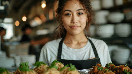 Canvas Print - Woman Waitress Preparing Take Away Food Restaur