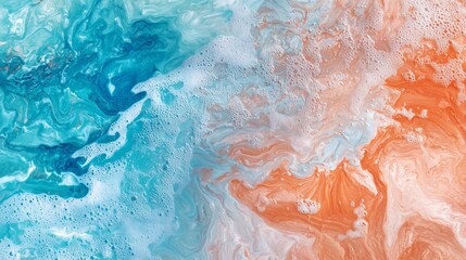 Wall Mural - Abstract fluid art painting in orange and blue with bubbles, resembling ocean waves crashing on the shore, perfect for a summer background