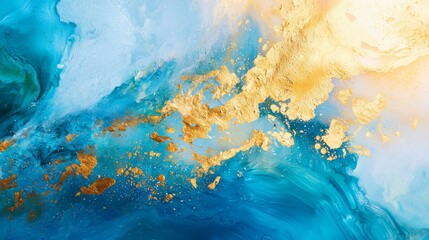 Wall Mural - Blue and teal paint is blending together creating the illusion of ocean waves, gold splashes are giving a luxurious feel to this abstract art piece