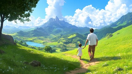 A man and a little girl walking down the path in front of green hills, AI