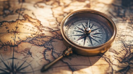 A compass lying on an old map, with soft natural light highlighting the symbols of exploration