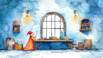 Santa s workshop, elves crafting toys, whimsical atmosphere, magical realism, Watercolor style