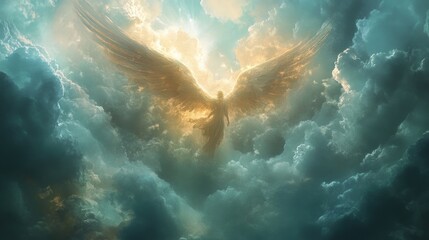 A radiant angel with golden wings soars through a sky filled with fluffy clouds.