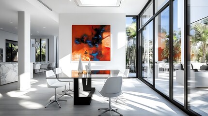 Minimalist dining room featuring a sleek glass table, white chairs, and an abstract painting on the wall, with natural light flooding in through large windows