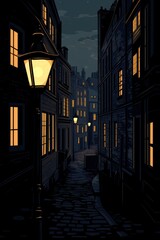 Wall Mural - Narrow, cobbled street in a city at night with lit windows and a streetlamp