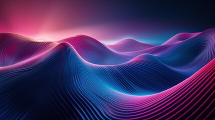 Wall Mural - Vibrant abstract landscape featuring flowing waves of electric blue and pink, illuminated by a radiant light in the background. Product presentation background.