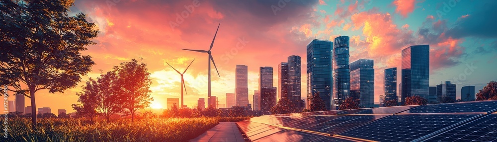 Wind turbines and solar panels in a modern city, representing renewable ...