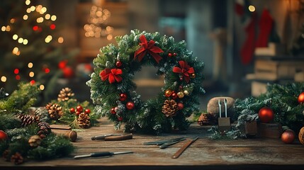 Poster - Christmas wreath-making station with greenery, ribbons, ornaments, and tools, set up on a rustic wooden table. 4K hyperrealistic photo.