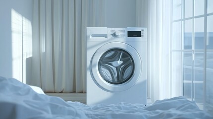 Canvas Print - Modern washing machine in a bright, airy laundry room designed for ease of use in a cozy home setting