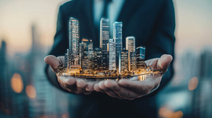 Poster - Businessman holding a futuristic cityscape, representing innovation and urban progress