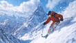 © Coosh448 - Skier carving down a steep, snowy mountainside, with snowflakes flying and majestic peaks in the background. 4K hyperrealistic photo.