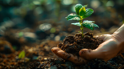 Close-up of a hand holding a green small plant near fertile soil. Ecology and gardening concept.