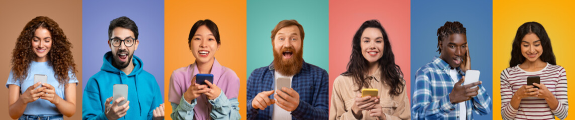 Wall Mural - A diverse group of six friends is engaged with their smartphones, displaying various emotions including joy and excitement, set against vibrant colored backgrounds.