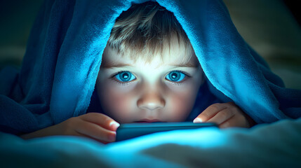 Small boy watching tablet or mobile phone at bed, blanket over his head, close-up detail to face and eyes. Bedtime harmful blue light screentime concept. 