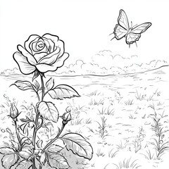 coloring page for kid, rose in field with butterfly, cartoon style, thick line, low detail, no shading