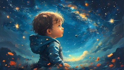 Wall Mural - whimsical illustration of a child exploring a star-filled universe under a mesmerizing night sky