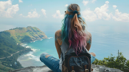 Sticker - Woman With Dyed Hair Enjoying Panoramic View Pose