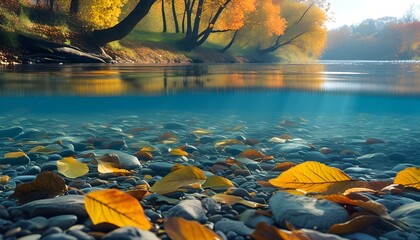 Wall Mural - serene underwater landscape of fallen leaves drifting in crystal clear river water amidst stunning natural beauty