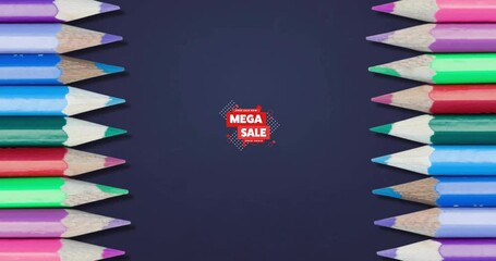 Wall Mural - Animation of back to school mega sale text over crayons