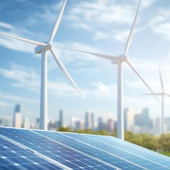 Poster - Solar Panels and Wind Turbines in City.