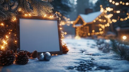 Poster - Mockup of a blank holiday sign on a snow-covered lawn, with Christmas lights, decorations, and a cozy cabin in the background. 4K hyperrealistic photo.