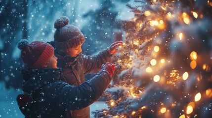 Sticker - Family decorating a Christmas tree outside, with snow gently falling and warm lights adding a festive glow. 4K hyperrealistic photo.