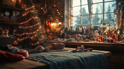 Poster - Crafting DIY Christmas tree skirts with fabric, scissors, and sewing supplies, in a cozy workspace. 4K hyperrealistic photo.