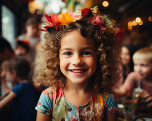 Cheerful children celebrating birthday, confetti and balloons. The concept of children's holidays and happy childhood