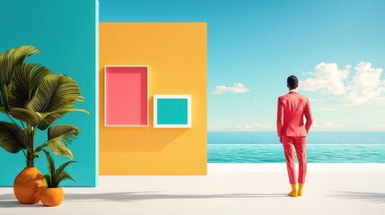 Wall Mural - Man in Red Suit Looking Out at Ocean.