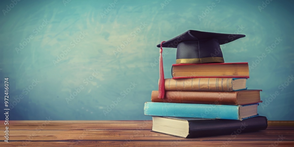 Graduation cap resting on a stack of books over a blue background ...